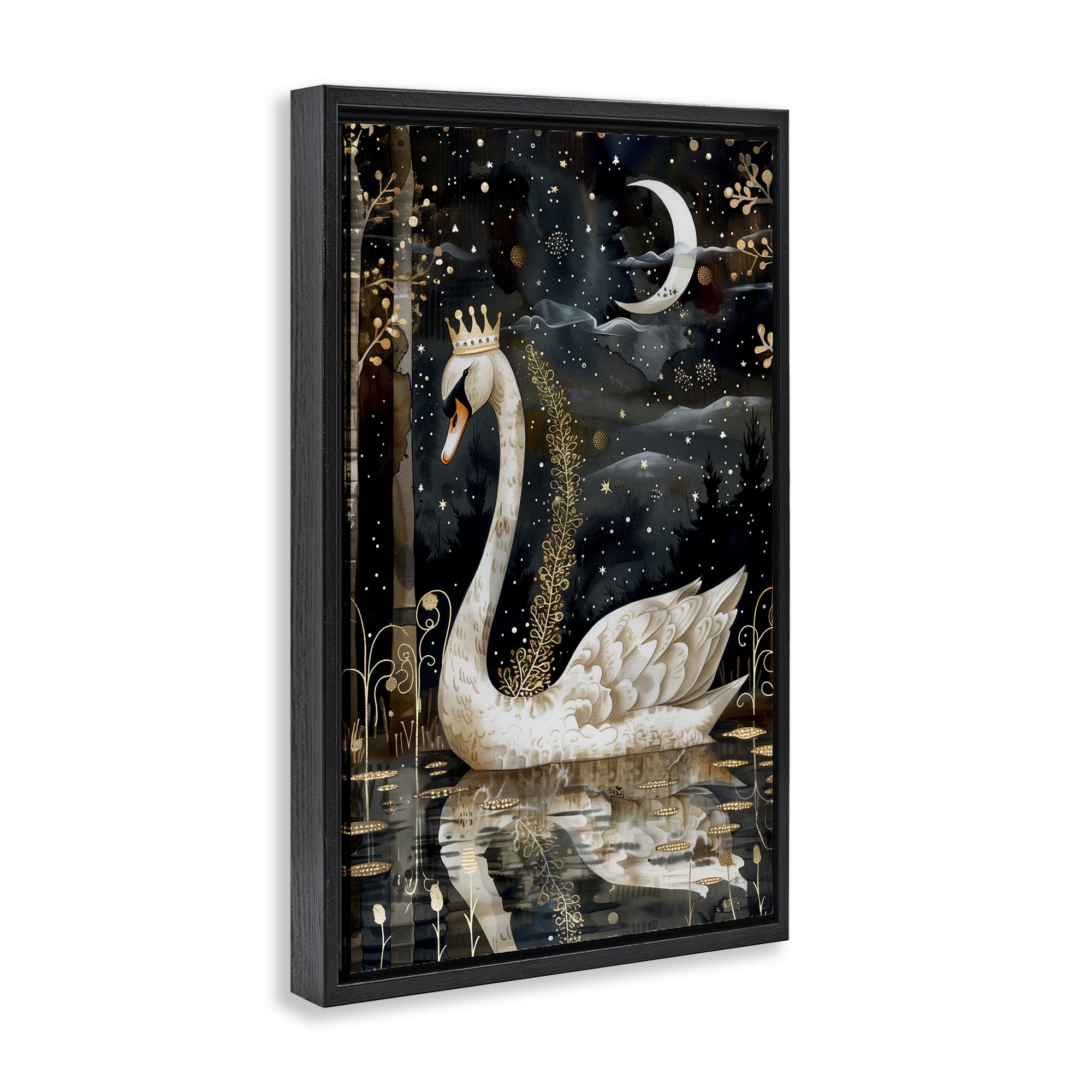 Stupell Industries Regal Swan Moonlight Animals & Insects Painting Black Floater Framed Art Print Wall Art, 17 x 25