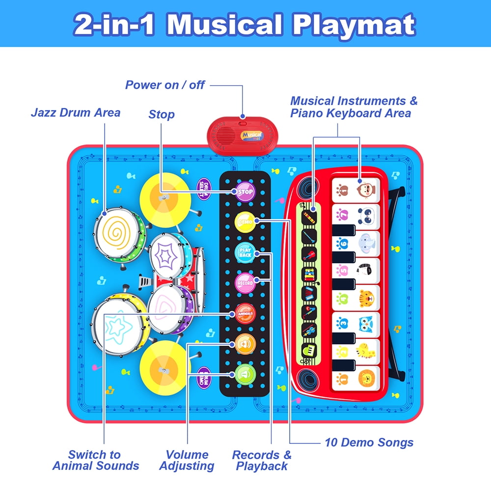TIANLAIMEI Baby Musical Playmat, 36"x28" Drum Mat, Piano Mat with Animal Sounds, Floor Keyboard Music Dance Touch Playmat, Adjustable Volume & Record for 1-5 Years Old Toddlers