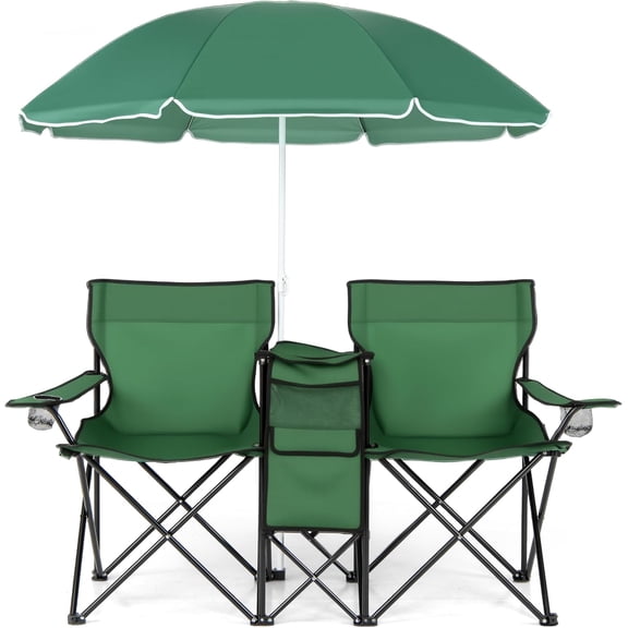 Qiyou Double Folding Camping Loveseat with Canopy Shade, Side Table, Cup Holders & Carry Bag, Green