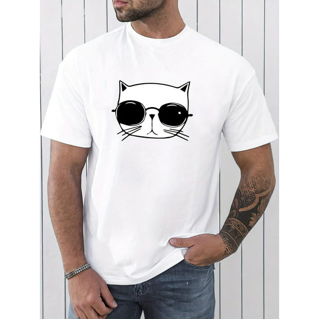 Men's Casual Athletic T-Shirt with Unique Cat Print - Crew Neck, Short Sleeve, Breathable Polyester - Perfect for Summer Outdoors & Sports Tee For Adult, Men, Women, Teen, Teenager, Adolescent, Youth