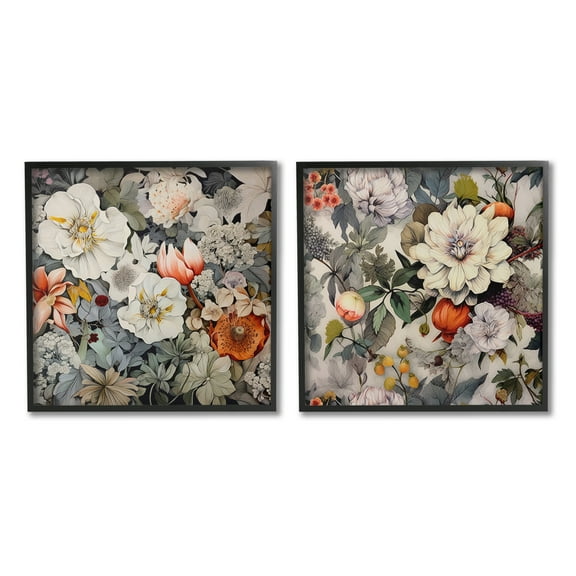 Stupell Industries Vintage Blooms Arrangement Botanical & Floral Painting Black Framed Art Print Wall Art, 12 x 12, Set of 2
