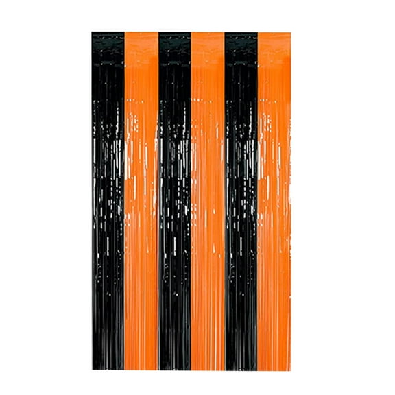 Yhmxh 2Pcs Halloween Party Decorations Black and Orange Foil Fringe Curtains, 2PCS 39*79in Metallic Tinsel Door Curtains Fringe Backdrop for Wedding Birthday Baby Shower Party Halloween Decorations