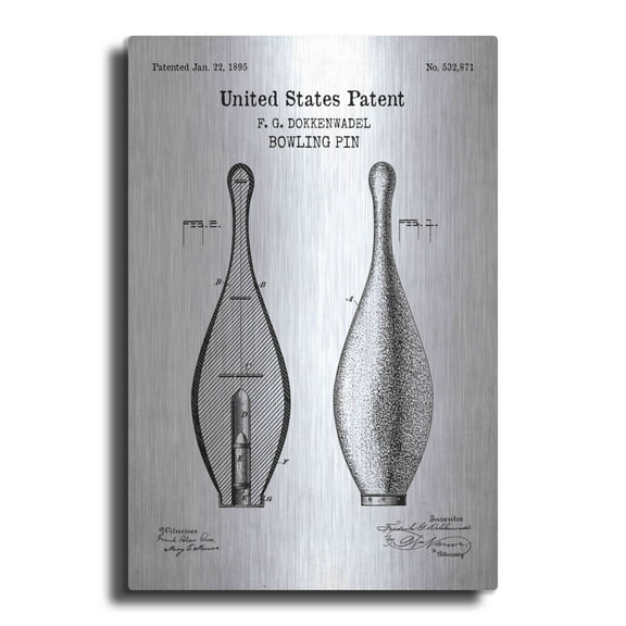 Luxe Metal Art 'Bowling Pin Blueprint Patent White' Metal Wall Art, 16"x24"