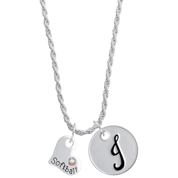Delight Jewelry Heart with ''Softball'' and AB Crystal Silvertone Script Initial Disc - J - Charm Necklace, 20"+3"