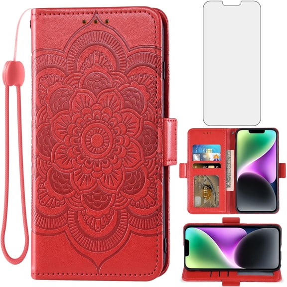 Phone Case for iPhone 14 Plus 6.7 inch Wallet Cover with Tempered Glass Screen Protector and Flip Credit Card Holder Stand Cell i-Phone 14 iPhone14Plus 5G i i14 iPhone14 14Plus Women Red