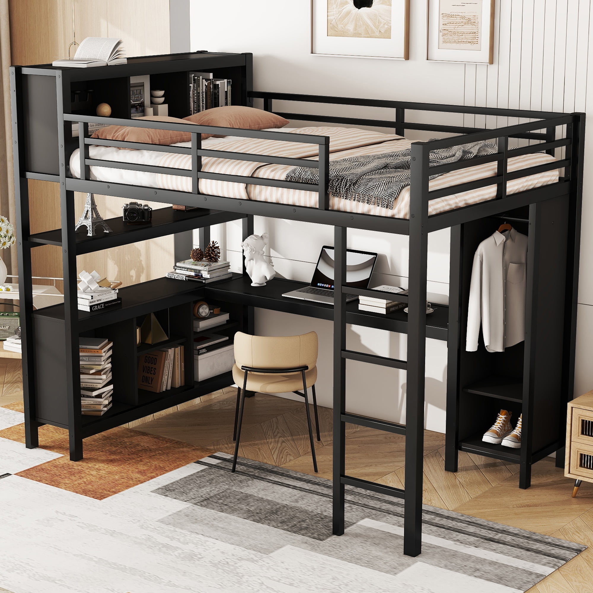 Full Size Loft Bed for Teens and Adults,Metal Loft Bed with Wardrobe And L-shaped Desk,Heavy Duty Loft Bed with Storage Cubes and Shelves for Kids Teens Adults,Black