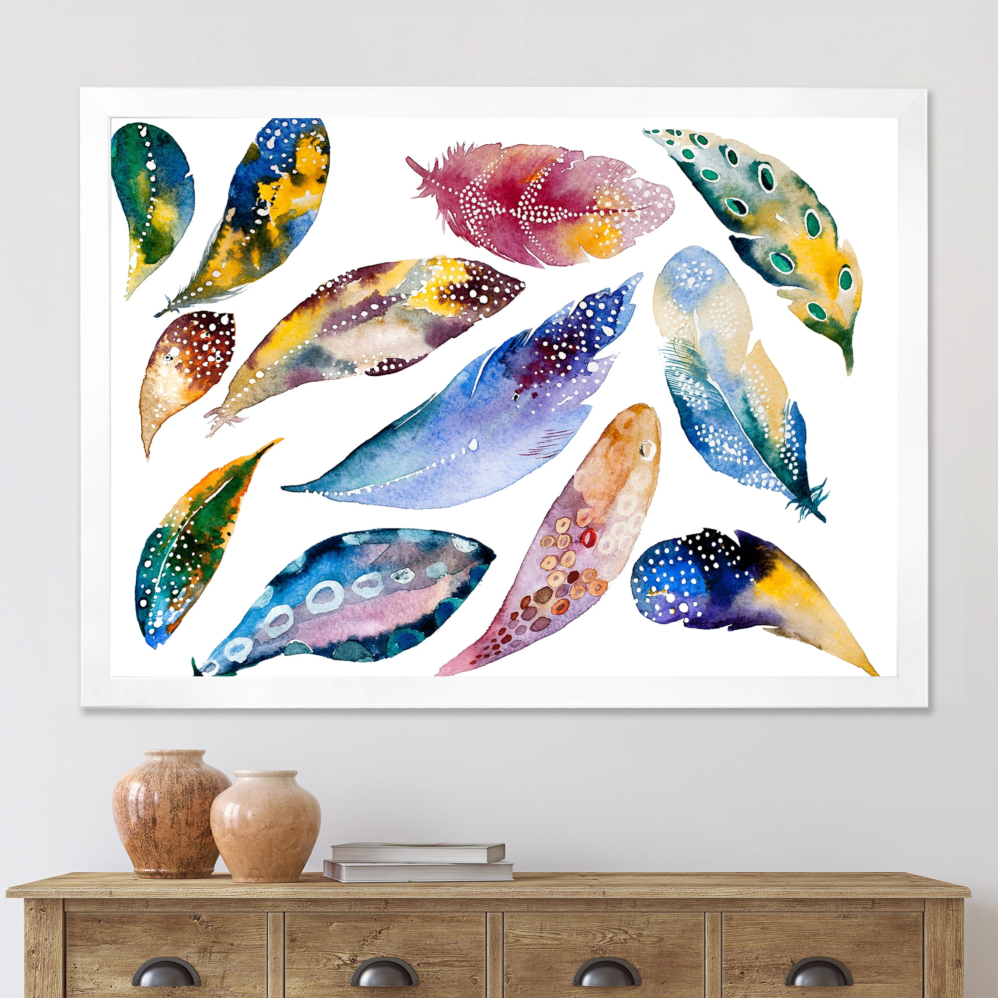 Designart 'Colourful Boho Feather Set On White VI' Bohemian & Eclectic Framed Art Print