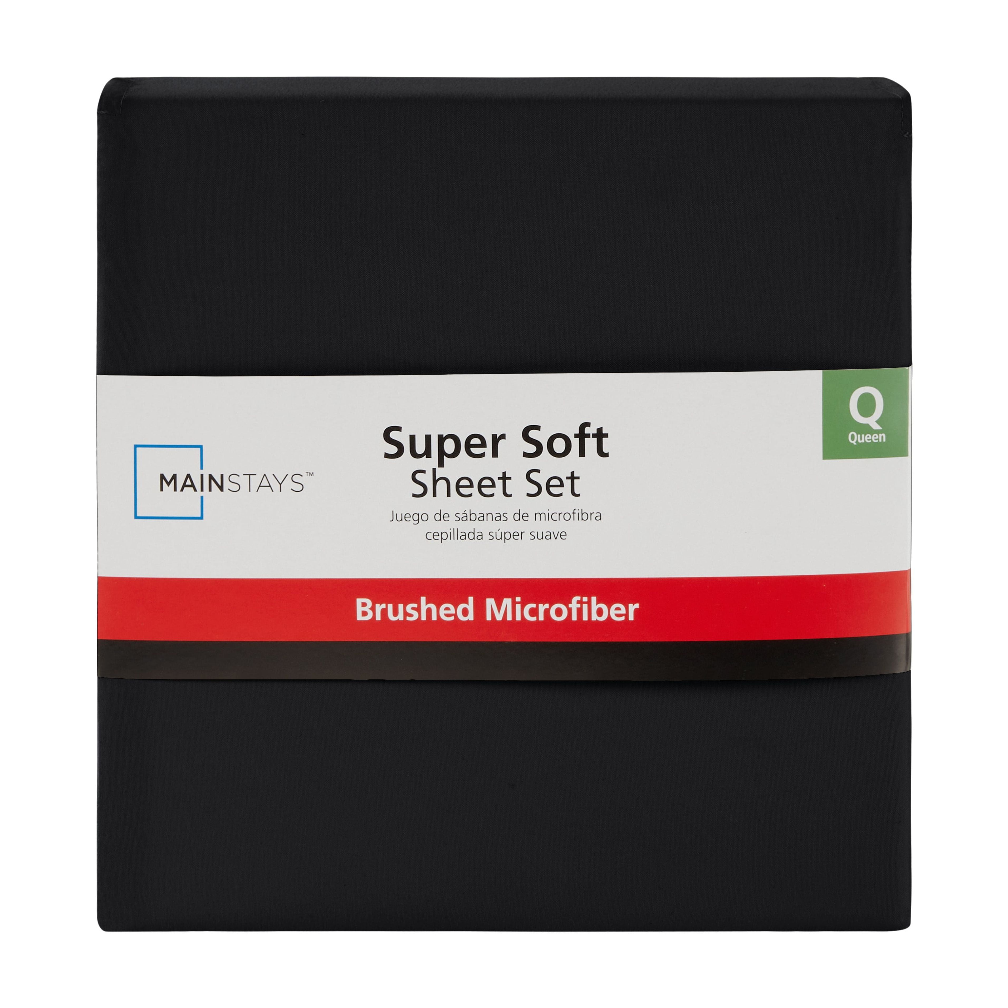Mainstays Brushed Microfiber Bed Sheet Set, Full, Rich Black, 4 Piece