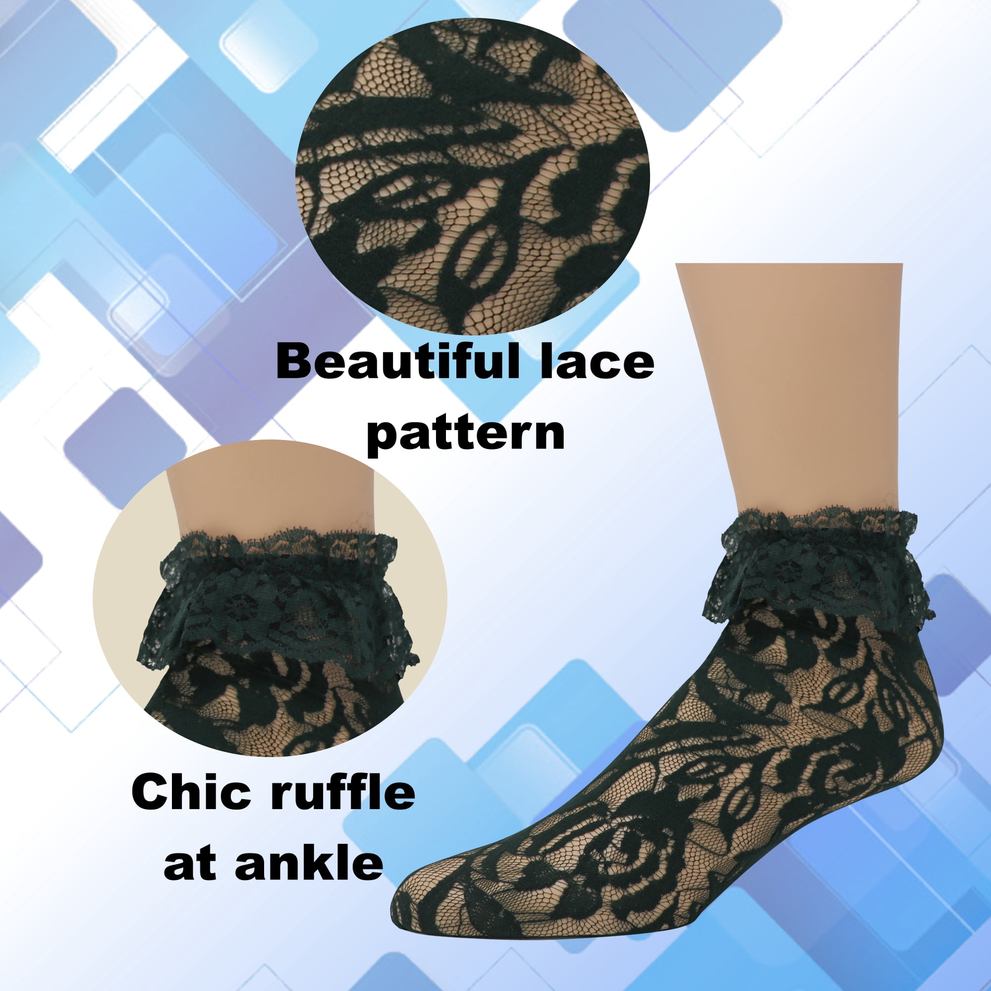 EMEM Apparel Women's Ladies Lace Anklet Ankle Quarter Socks Stockings with Ruffle Hunter Green 9-11