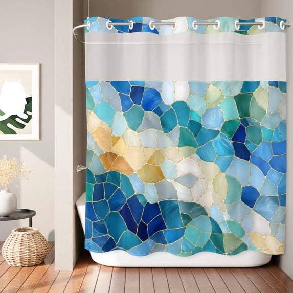 No Hook Shower Curtain, Blue Green Geometric Shower Curtains for Bathroom with See Through Top Window, Stained Glass Abstract Chic Art Waterproof & Washable Bath Curtain Long 72"x78"