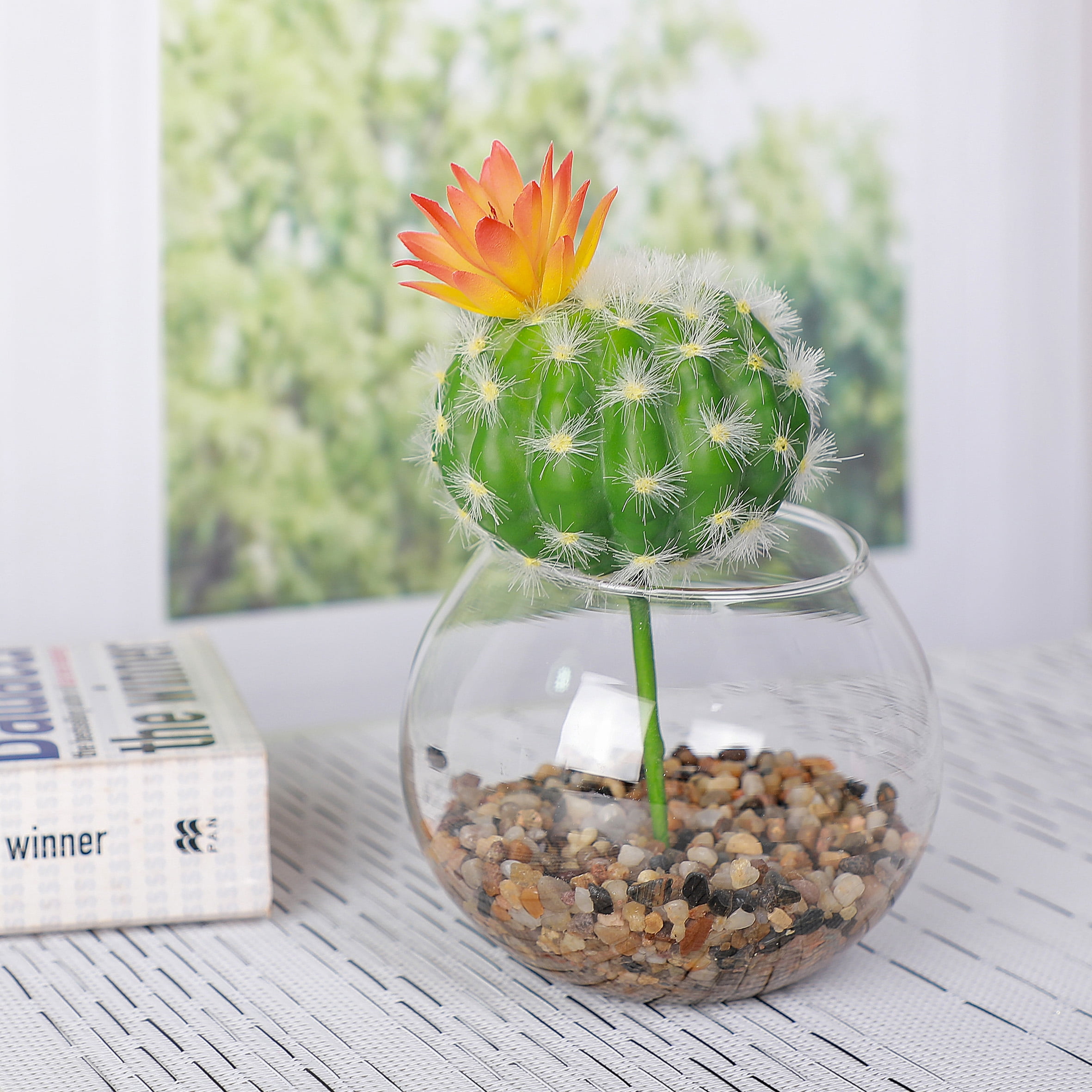 Mainstays 6.45" Artificial Green Cactus with Orange Flower Pick