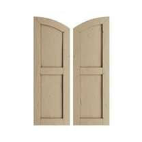 Ekena Millwork 18"W x 76"H (70" Low Side) Timberthane Knotty Pine Two Equal Flat Panel w/Elliptical Top Faux Wood Shutters (Per Pair), Primed Tan