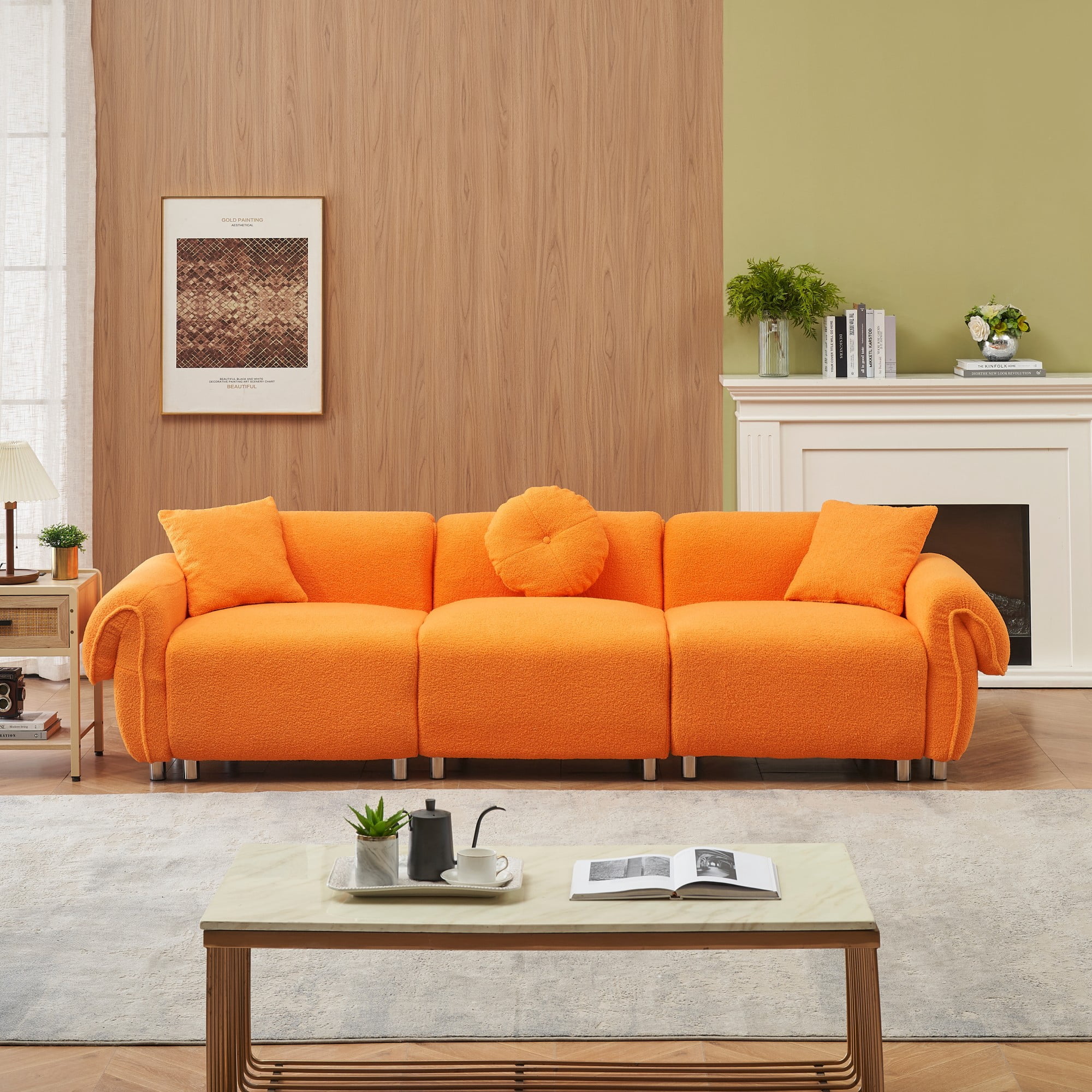 Sectional Sofa,3 Seat Sofa Couch Set with 3 Throw Pillows,112 inch Sofa Couch with Teddy Velvet Fabric for Living Room,Apartment,Orange