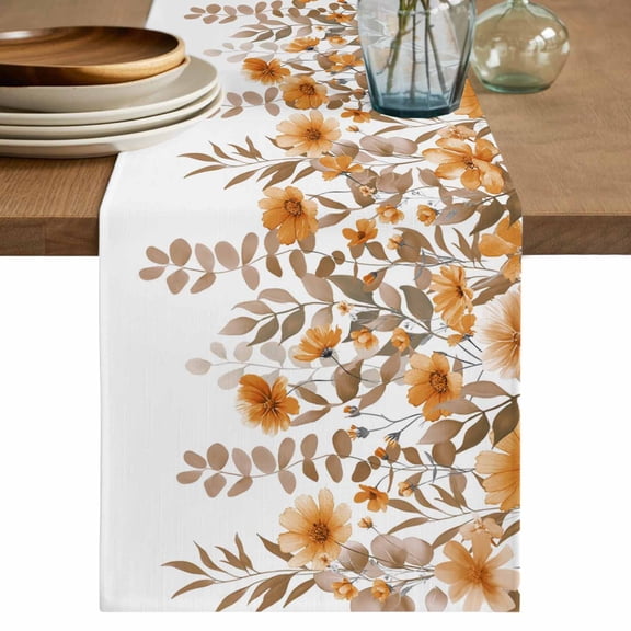 Brown Floral Cotton Linen Table Runner for Dining Kitchen, Farmhouse Spring Flowers Leaves Wedding Outdoor Party Tablerunners Decoration, Dresser Scarf Coffee Tablecloth Runners 13x60 Inches