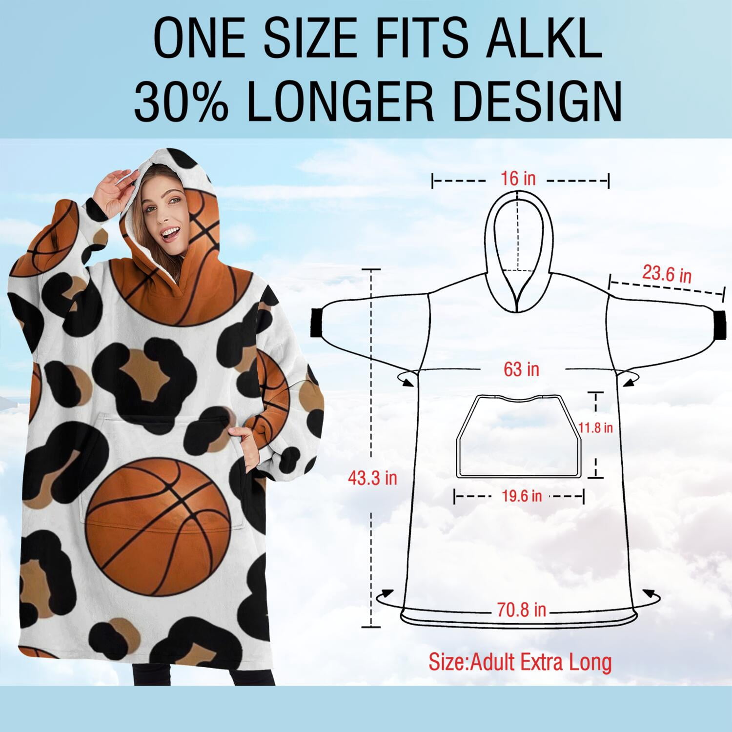 Oversized Wearable Blanket Hoodie,White Leopard Basketballs Pattern Sherpa Blanket Hoodie with Super Pockets,Super Warm Fuzzy Pullover for Women & Men