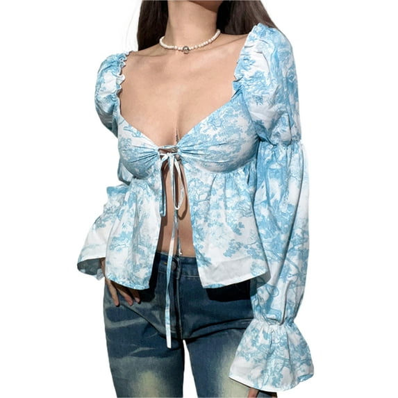 Seyurigaoka Women Summer Short Ruffles Slim Navel Shirt, Long Lantern Sleeve Print Low-Cut Tie-Up High Split Crop Tops