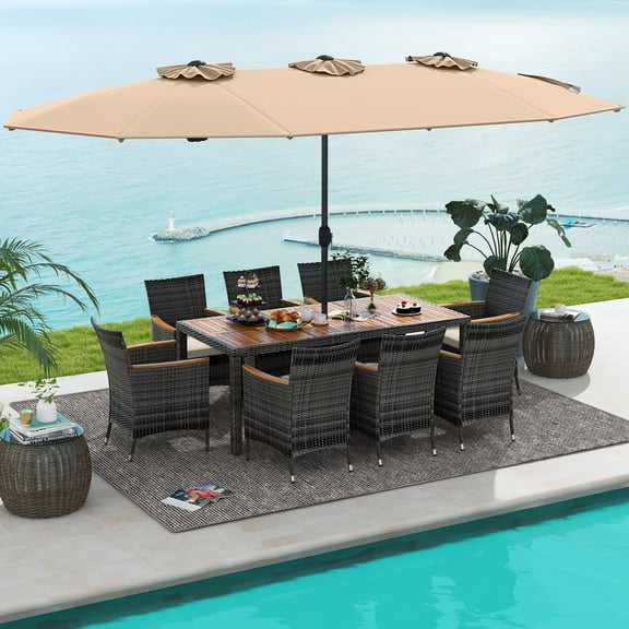Costway 10 Pieces Patio Wicker Dining Set with Double-Sided Patio Umbrella 8 Armchairs Coffee