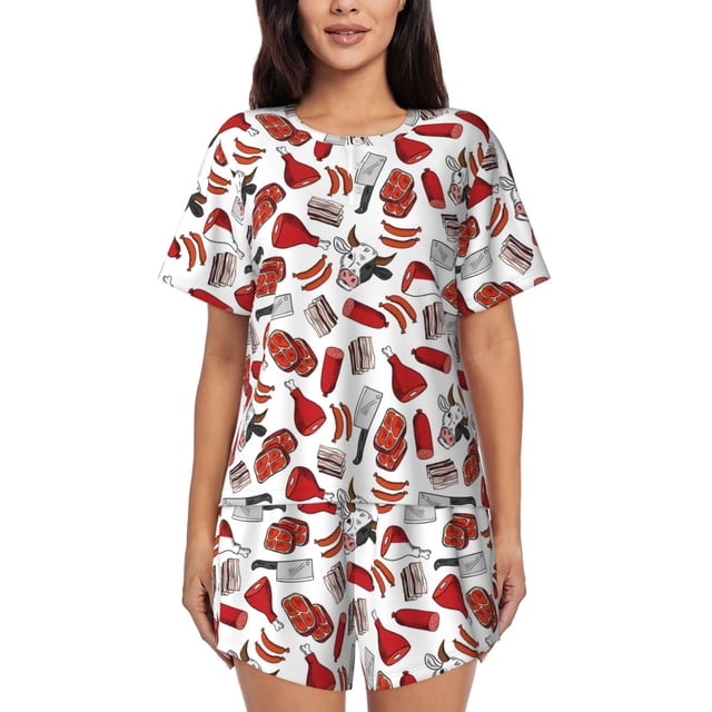 Balery Red Food Conjunto de Pijama para Mujer con Estampado, Dos Piezas de Manga Corta y Shorts, Ropa de Dormir Suave con Cuello Redondo y Bolsillos-Medium