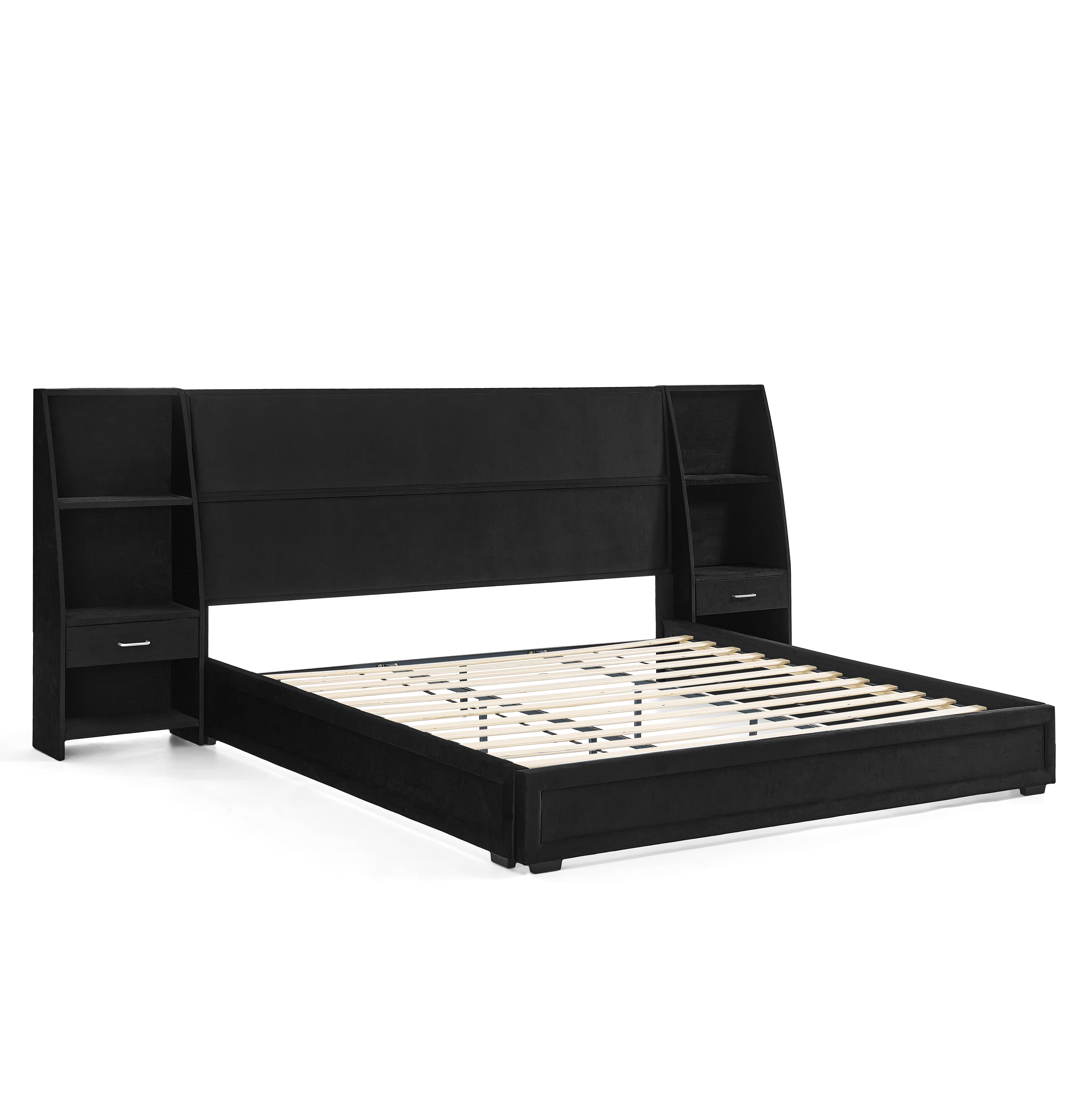 King Size Platform Bed Frame with Glossy Velvet Headboard, Side Bookcases & Drawer