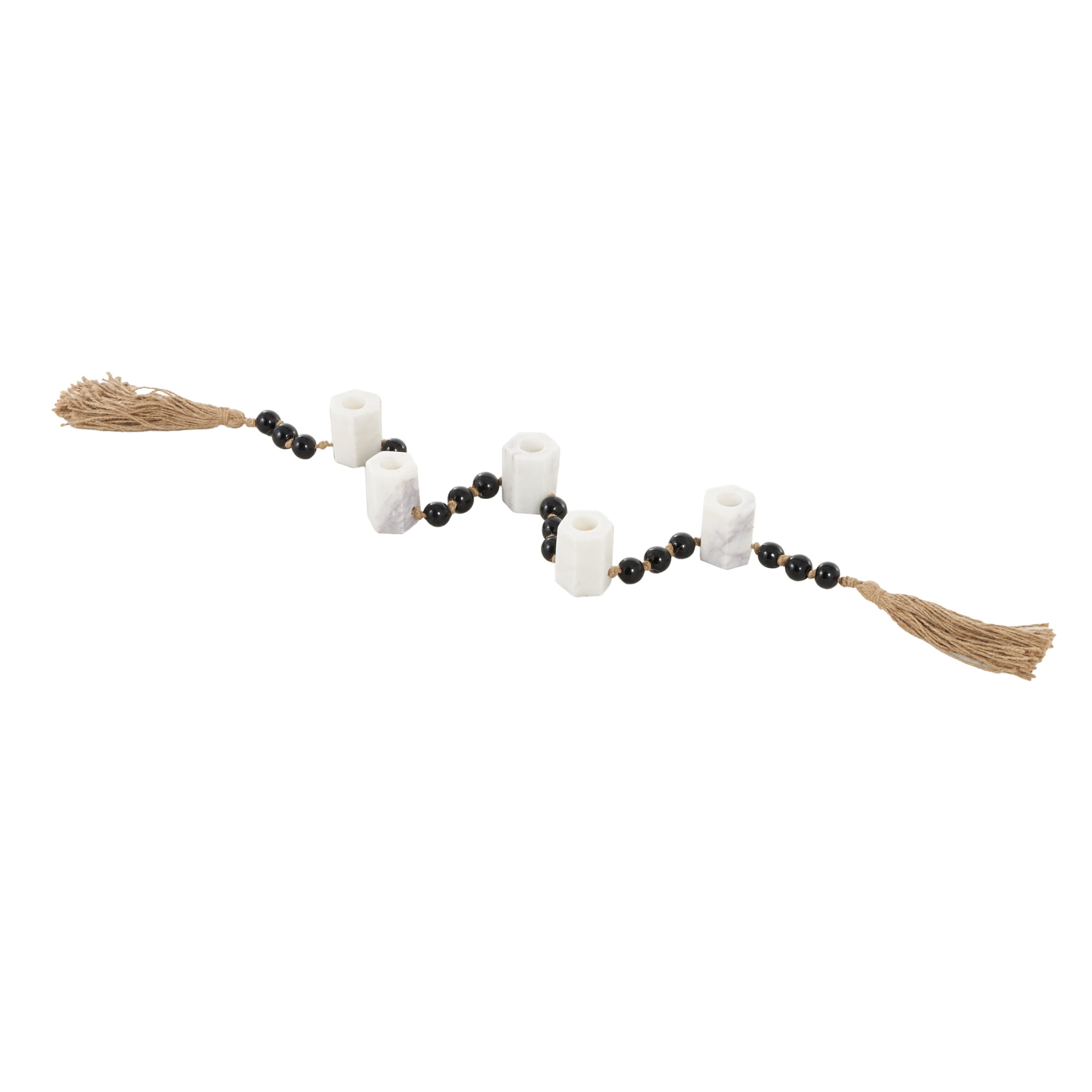 DecMode 5 Candle White Marble Hexagon Garland Candle Holder with Brown Tassel and Black Beads
