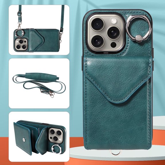 iPhone 13 Pro Case with Ring Holder & Shoulder Strap, Retro PU Leather Cards Slots Kickstand Detachable Lanyard Shockproof Wallet Case Cover for Apple iPhone 13 Pro - Green