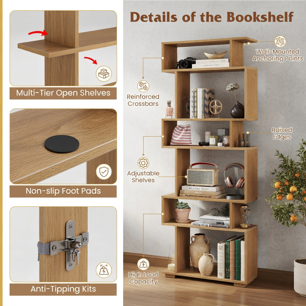 GVN 6-Tier Geometric Open Bookshelf Stylish Modern Display Bookcase with 2 Anti-Tipping Kits Stable Structure for Home Office Study Living Room Storage Furniture, Natural
