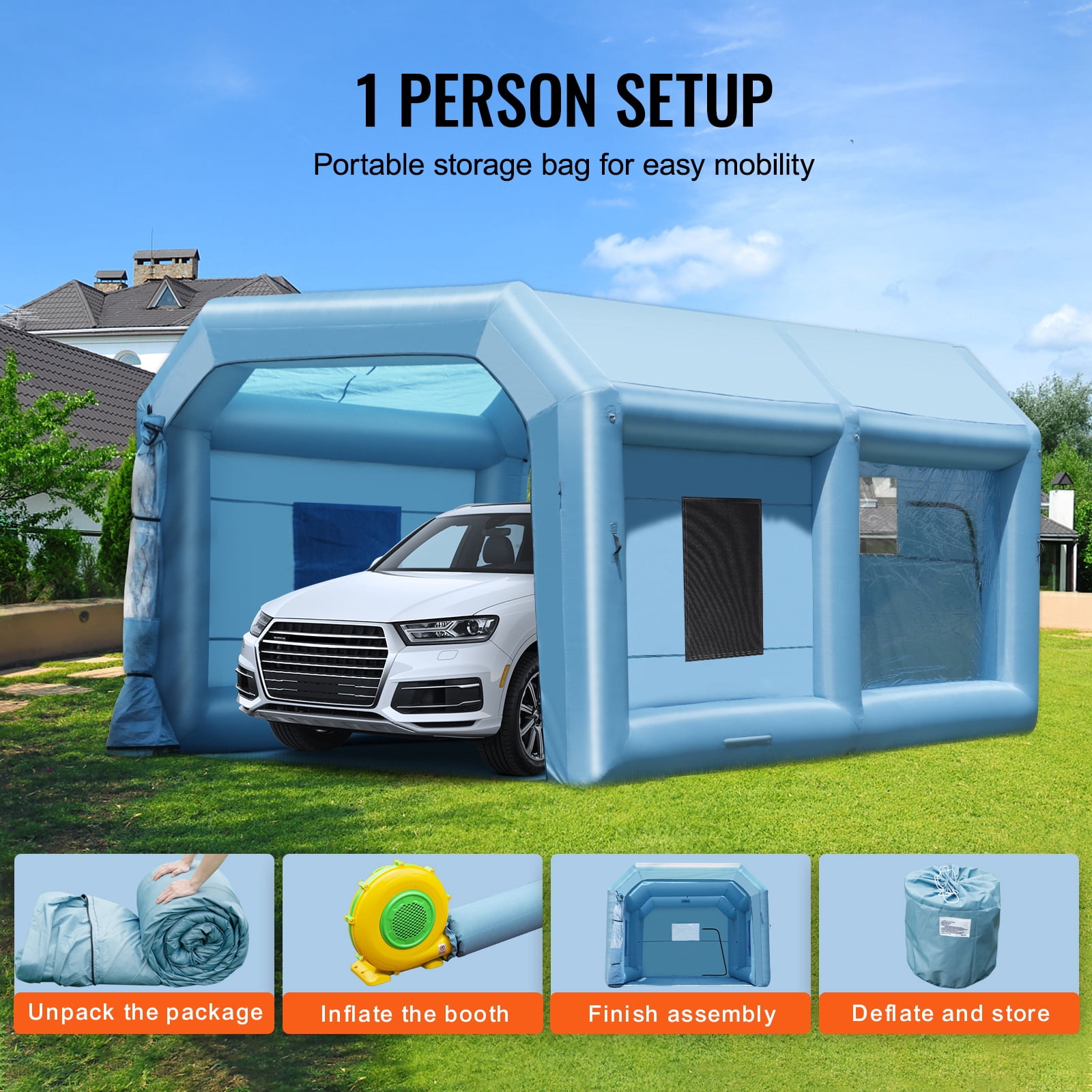 KFFKFF Portable Spray Shelter, 21x13.5x9.8 ft, Includes 1100W Blower & Filtration System, Ideal for Mid-Size Vehicles & Bulky Furniture