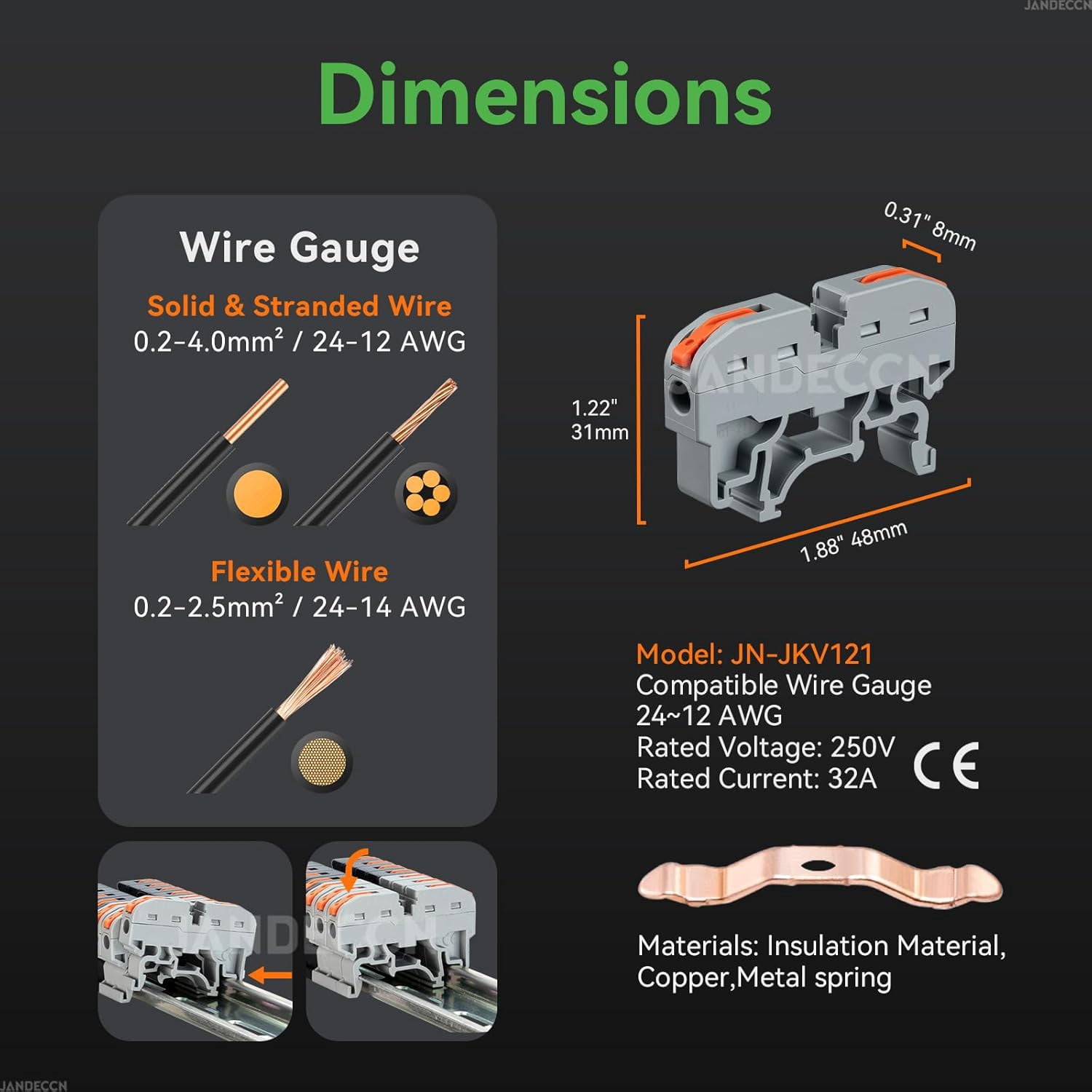 Rail Terminal Block Kit, Includes 20 Universal Compact Wire Connectors + 2 Connecting Rods + 2 Marking Strips + 2 Terminal End Stops + 20 Screws, Suitable for 24-12