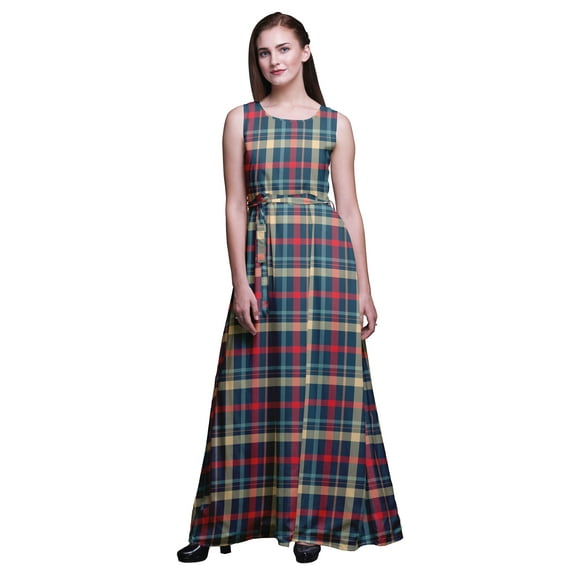 Bimba Check Women Long Tank Maxi Dress Round Neck Printed Party Gown-Large