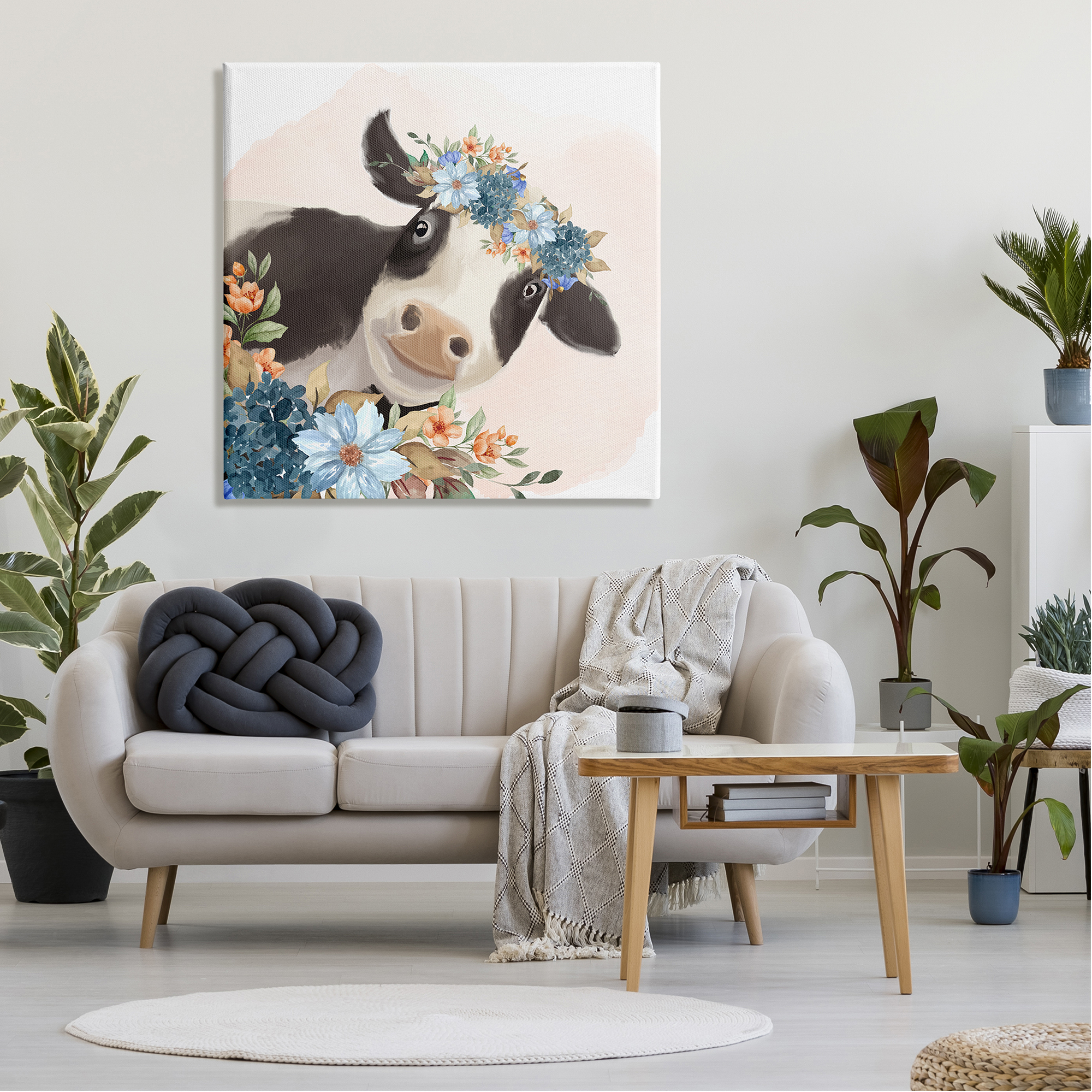 Stupell Industries Cute Daisy Blossoms Flower Crown Smiling Cow Paintings Gallery-Wrapped Canvas Print Wall Art, 36x36, by Kim Allen