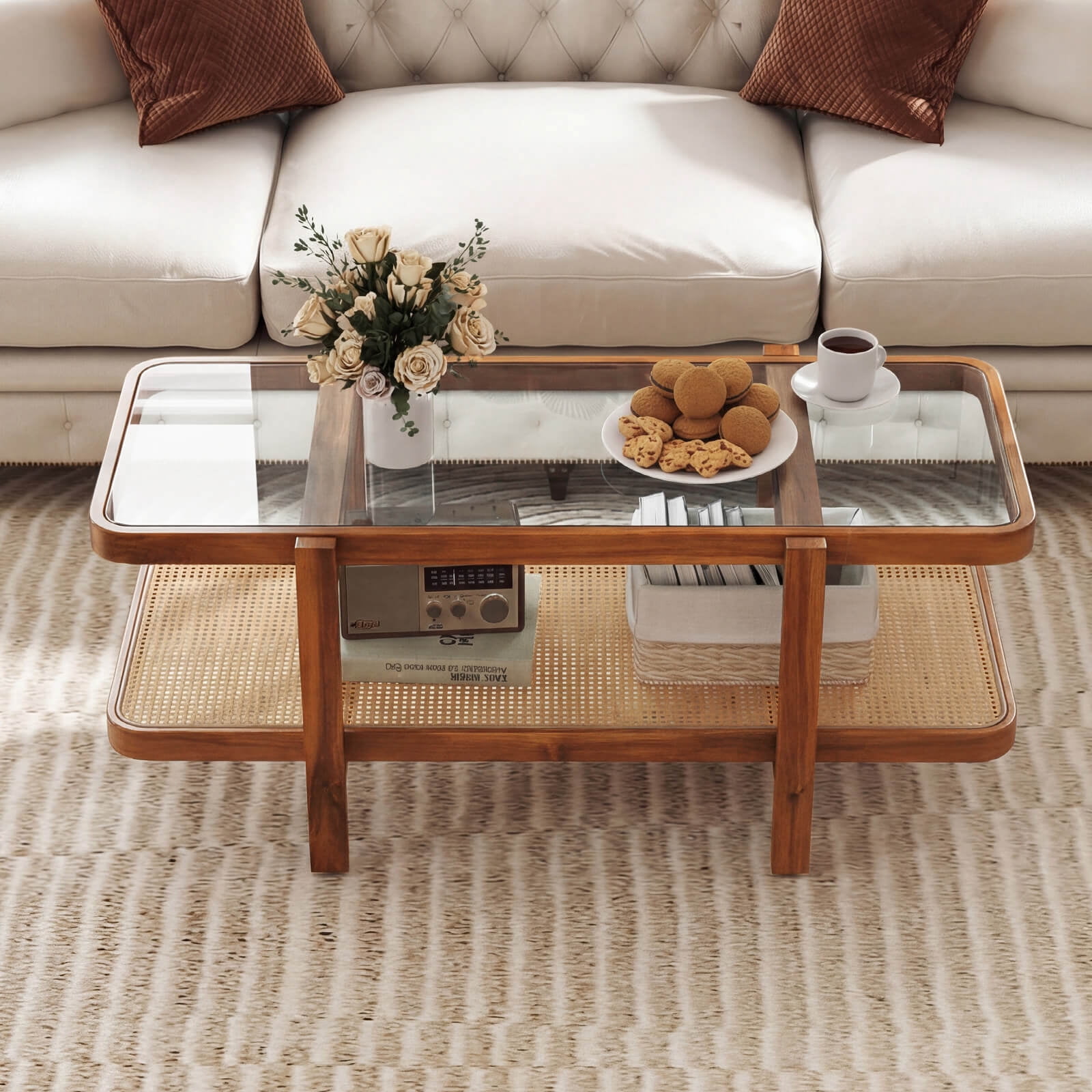 Costway 2-Tier Rustic Coffee Table with Storage Tempered Glass Tabletop PE Rattan Shelf Brown