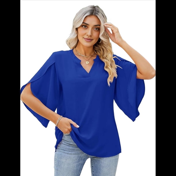 Blusa Holgada de con Cuello en V y Mangas 3/4 con Volantes para Mujer, Azul Oscuro, Talla M