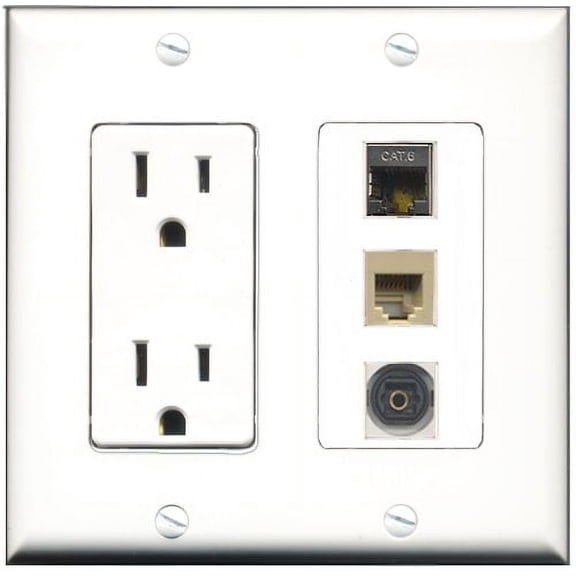 RiteAV - 15 Amp Power Outlet 1 Port Phone Beige 1 Port Shielded Cat6 Ethernet Ethernet 1 Port Toslink Decorative Wall Plate