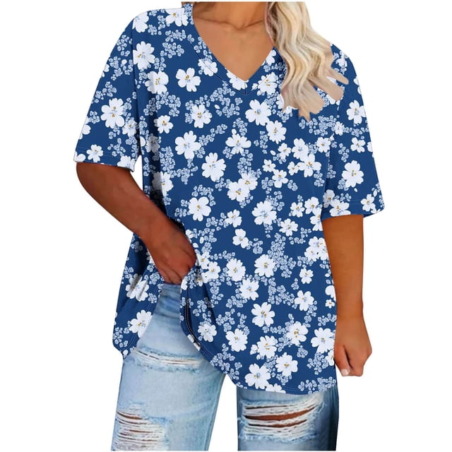 LOVZFMLL Hauts d'Été pour Femmes Grande Taille Col en V Manches Courtes Chemise de Base Imprimée