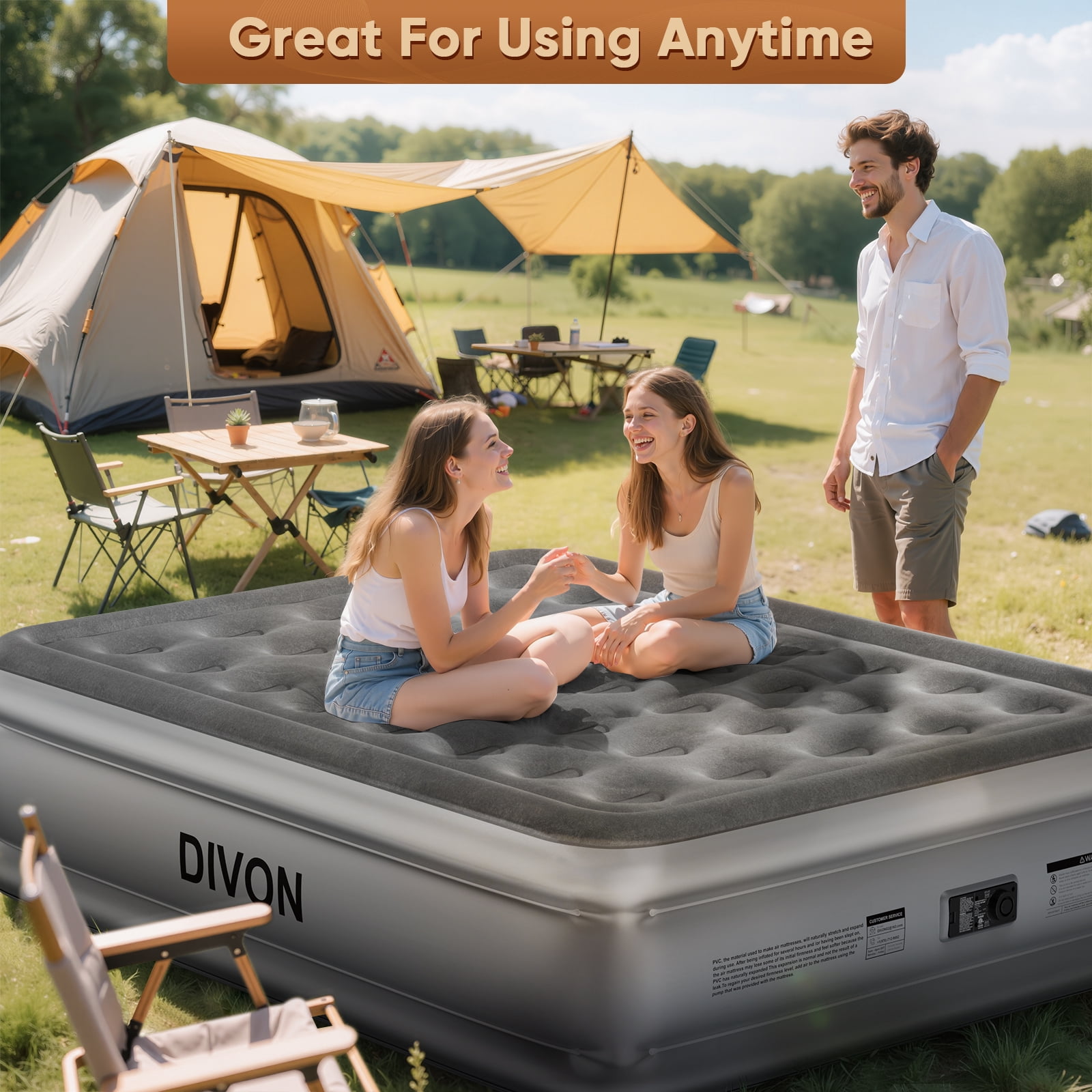 Divon Full Air Mattress with Built-In Pump, 18-inch Elevated Inflatable Airbed, Portable Blow Up Bed for Guests, Game Night Sleepovers, Gray