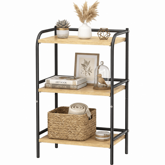 Fenbeli 3-Tier Industrial Bookshelf, Beige Wood and Black Metal Bookcase, Compact Storage Shelf for Living Room Office Kitchen and Small Spaces