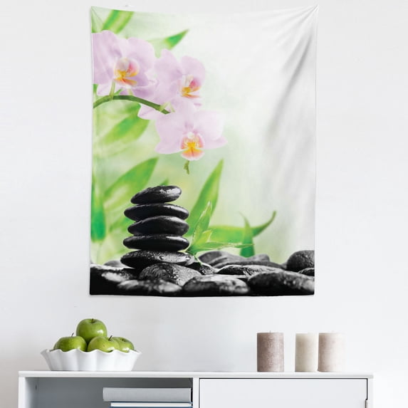 Spa Tapestry, Basalt Stones and Orchid with Dew Peaceful Nature Theraphy Massage, Fabric Wall Hanging Decor for Bedroom Living Room Dorm, 5 Sizes, Black Pink Green, by Ambesonne