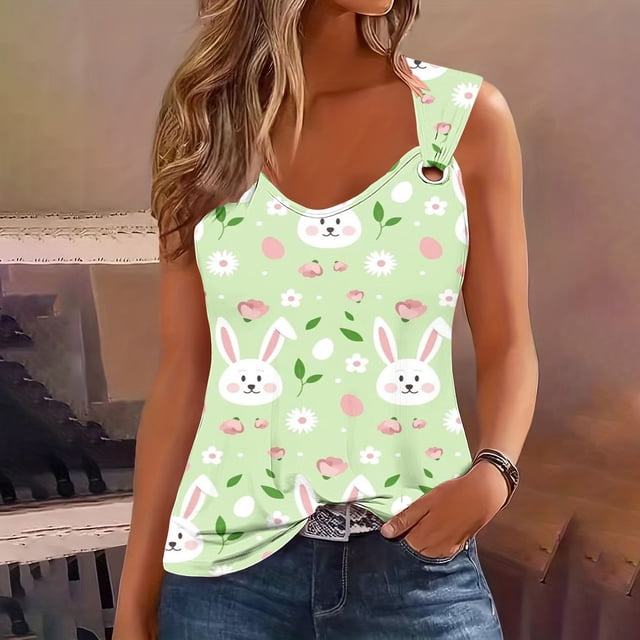 Puntoco Camisetas sin mangas ajustadas para mujer Camiseta sin mangas con estampado de Pascua para mujer Camiseta sin mangas holgada