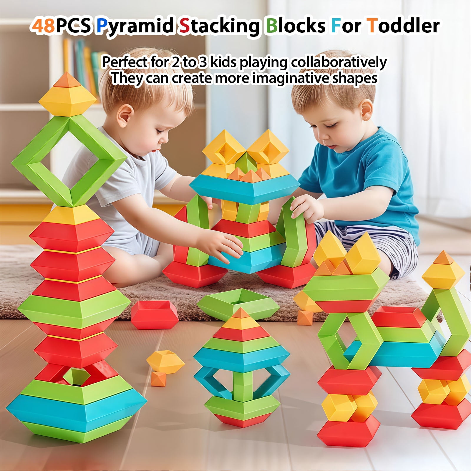 STEM Building Blocks for Toddlers, 48 PCS Educational Stacking Toys - Developmental Learning Toys, Construction Toys for Kids 3 4 5 6 Years Old, Gift for Boys Girls