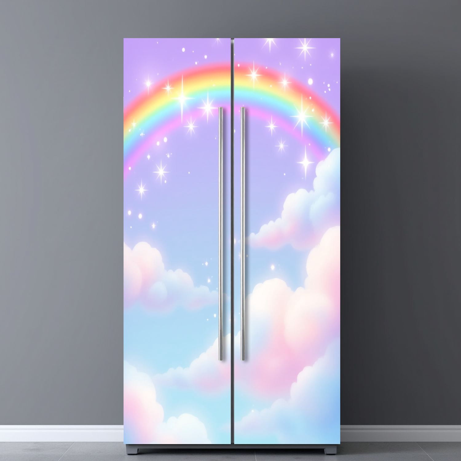 Self Adhesive Vinyl Refrigerator Wrap Set Rainbow Soft Pastel Clouds Sparkling Stars Door Mural Removable Fridge Sticker Peel and Stick&nbsp;Full Door Cover Decal Kitchen Bar Decor