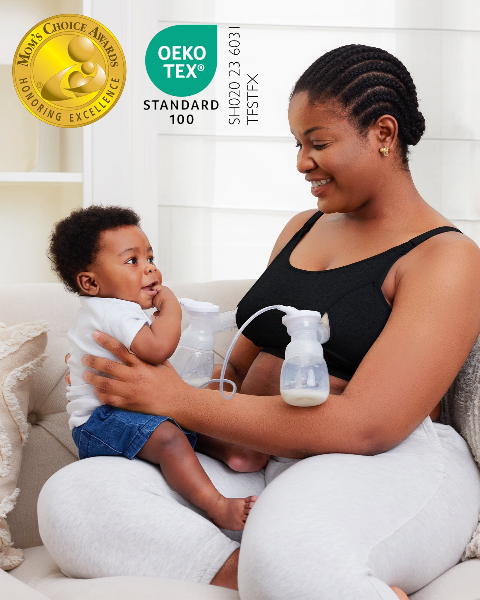 Momcozy Breast Pump Bra (Black/ Beige) Hands Free Pumping and Nursing Bra for Most Breast Pumps Large
