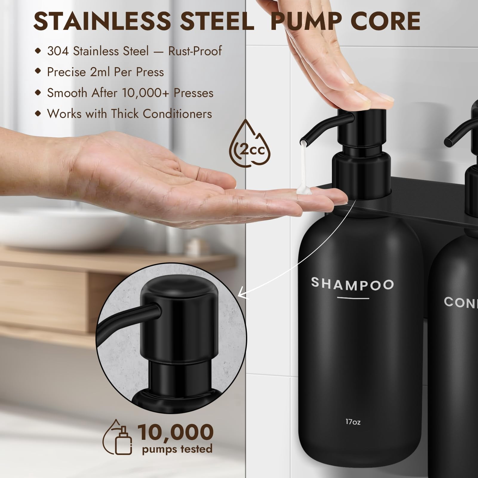 Shampoo and Conditioner Dispenser - Shower Soap Dispenser Wall Mounted - 17 fl oz Set of 3 Black Plastic Bottles with Plastic Pumps & No-Drill Adhesive Holders for Bathroom