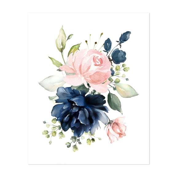 Navy and Blush Flowers, Watercolor Flowers, Roses, Greenery, Girl Nursery - Illustration Watercolor Floral Flowers Botanical Pastel Garden Unframed Wall Art Print 6 x 8 inches