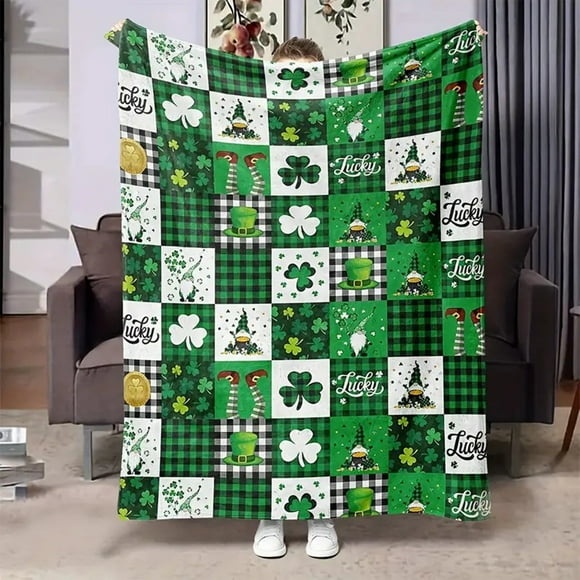 Dvkptbk Plaid Blanket Shamrocks Print Gnome Flannel Cozy Bed Blanket Soft Warm Lightweight Suitable for Sofa Bed Office Travel Decor Green Plaid Throw Blanket Home Decoration