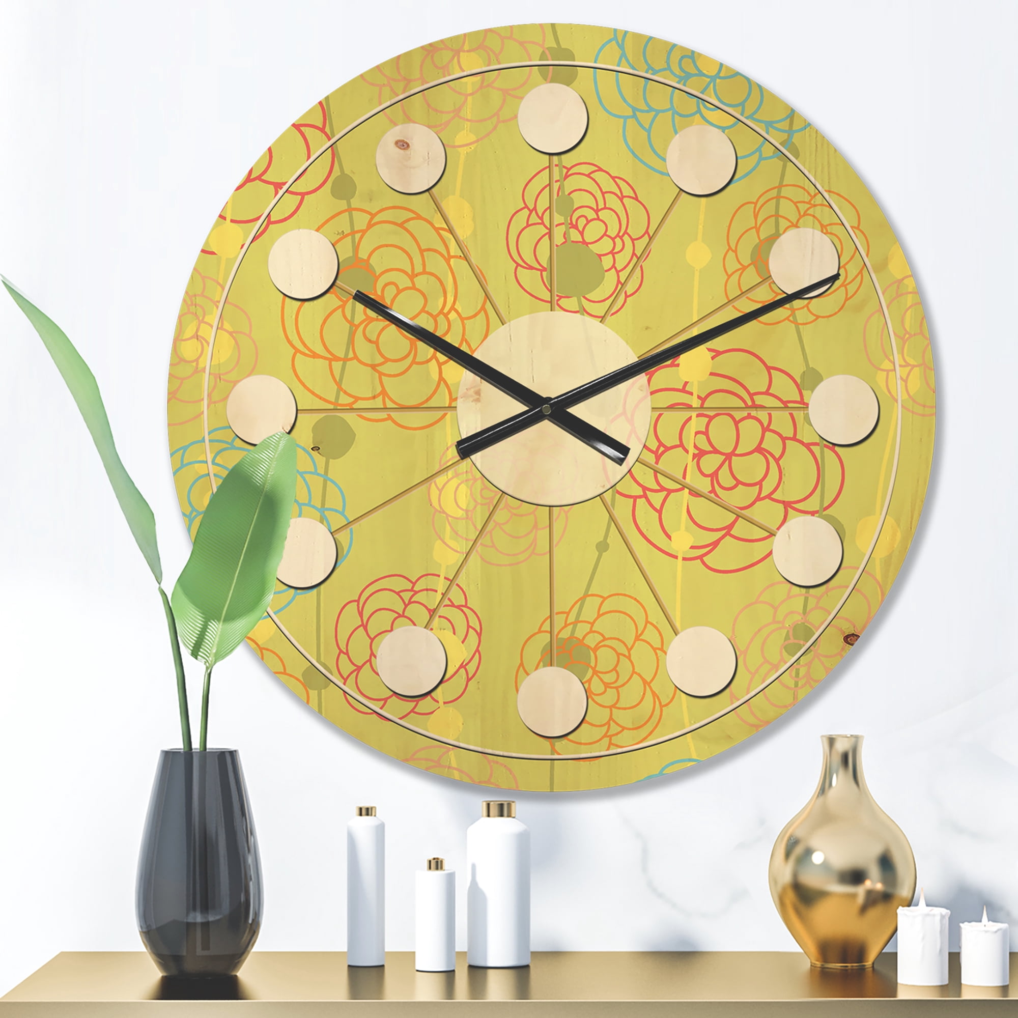 Designart 'Retro Flowers On Green Background' Mid-Century Modern Wood Wall Clock