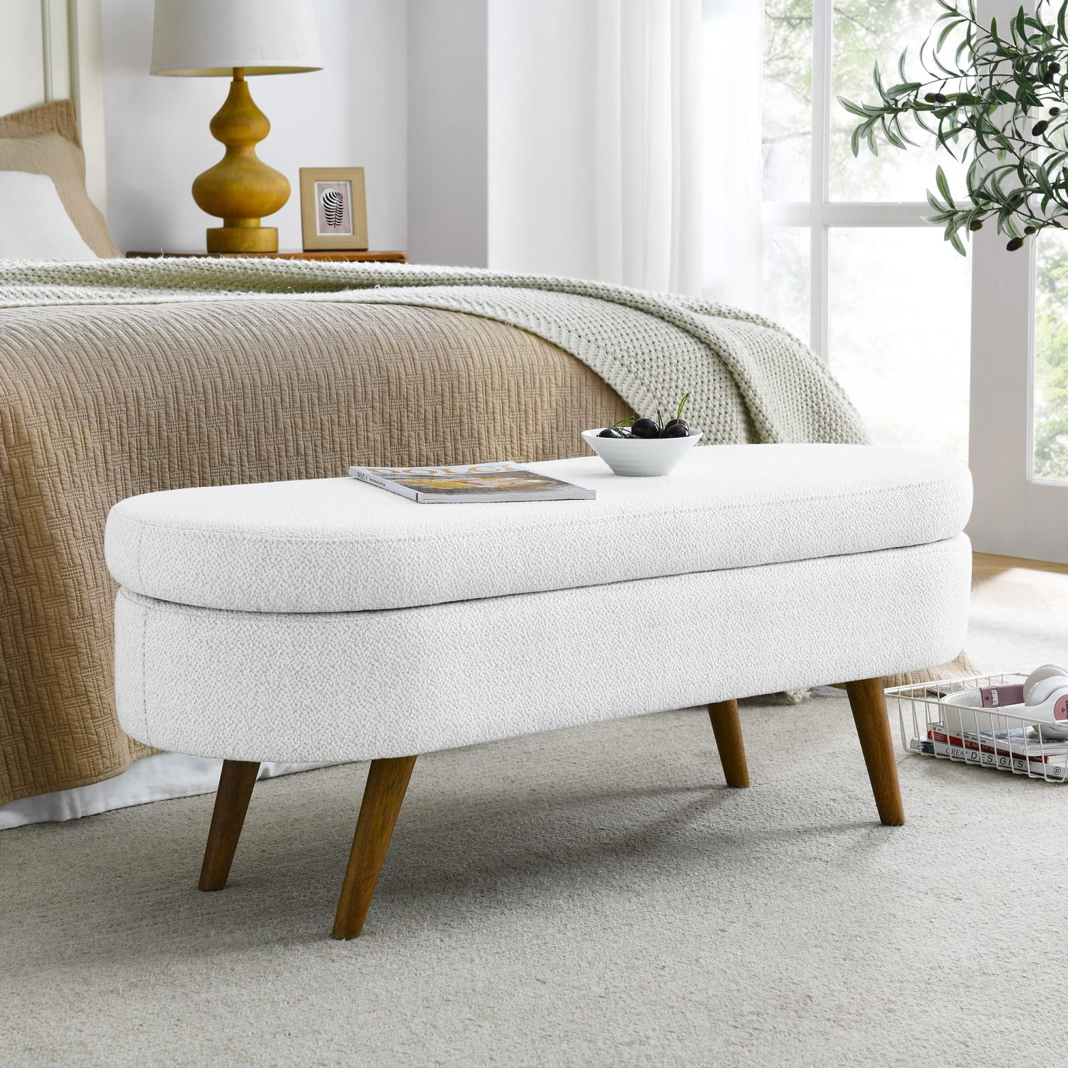44" Oval Storage Ottoman Bench with Hidden Storage, Upholstered Fabric Ottoman Bench with Rubber Wood Legs for Bedroom, Entryway, Living Room, White