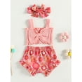 thumbnail image 2 of xiaxaixu Infant Baby Girls Clothes Set Solid Color Ribbed Bowknot Sling Tank Tops Floral Print Shorts Headband 3Pcs Set, 2 of 8