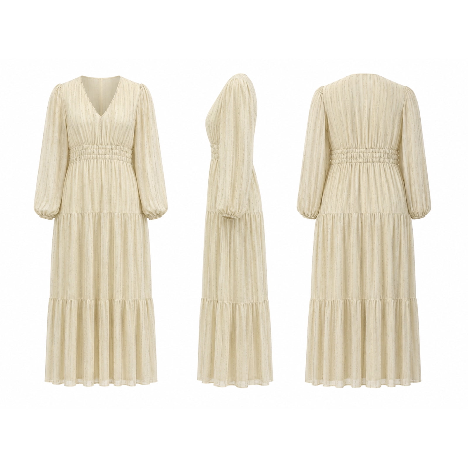 Alvantor Moonbeam Blue Stripe Women's Midi Dress, V-Neck Long Sleeve with Smocked Waist and Tiered Skirt