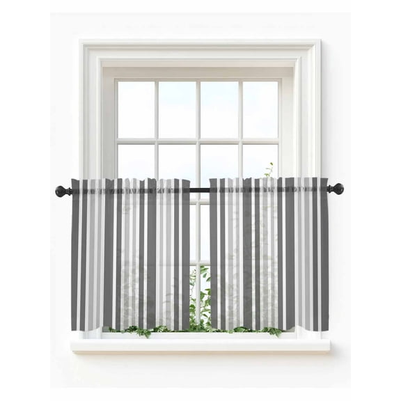 Grey Stripe Tier Curtains 36 Inch Length, Sheer Curtains for Bedroom Living Room Window Farmhouse Minimalist Striped Rod Pocket Voile Drapes Kitchen Curtains Small Half Window 27.5"x36" 2 Panels