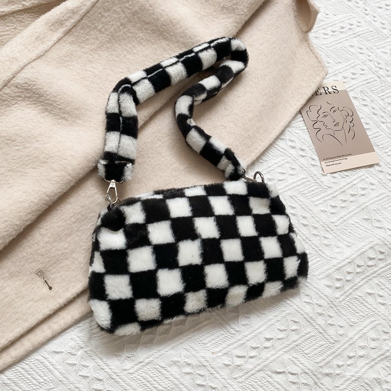 Plush Bag Winter Soft Fluffy Shoulder Bag Women Checkerboard Print